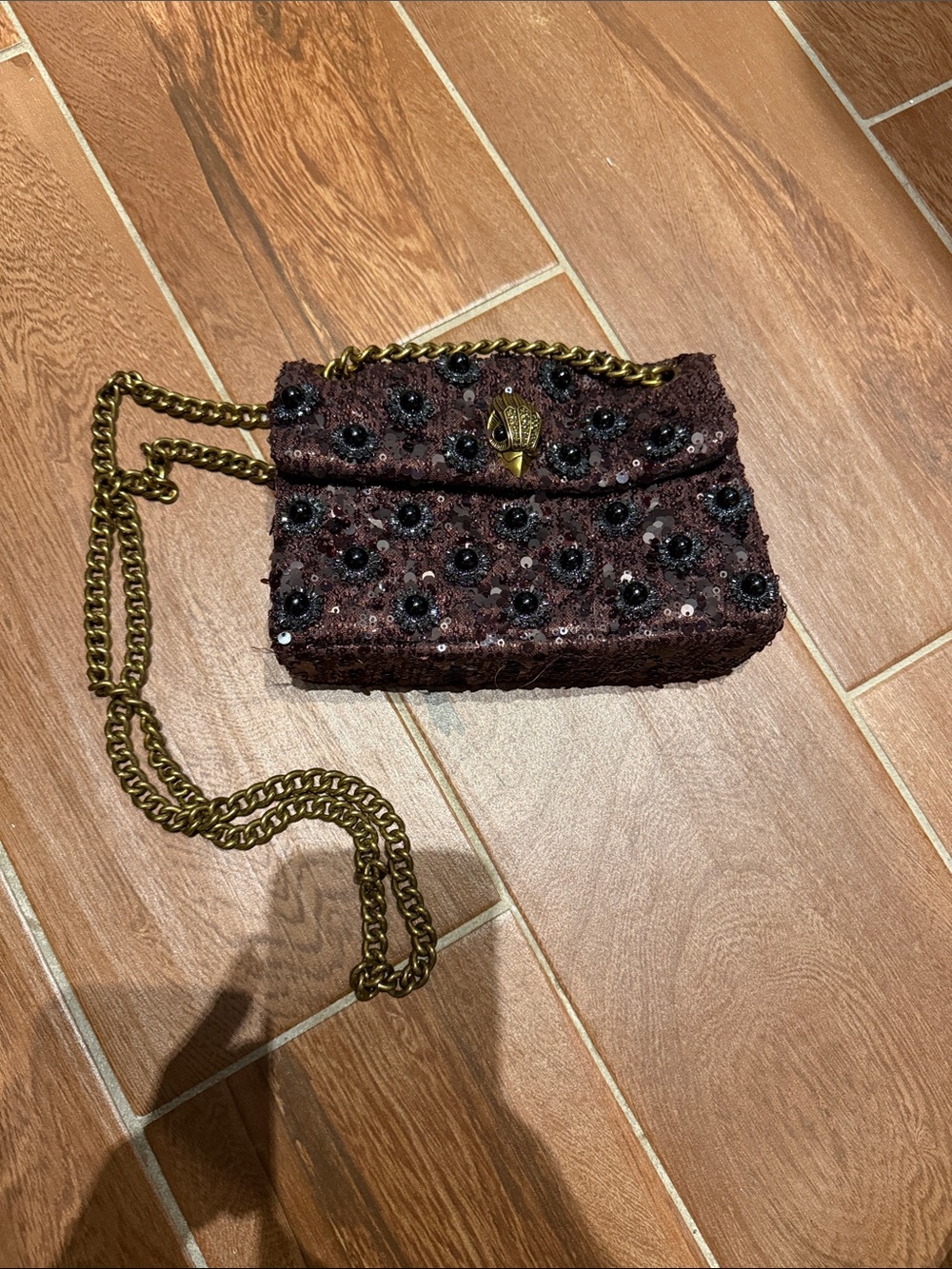 Embellished Dark Brown Chain Shoulder Bag